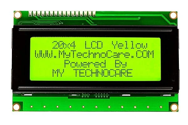 20x4 Character LCD Display Arduino 20x4 LCD Display JHD204A With Yellow Green backlight HD44780 www.MyTechnoCAre.com 20x4 LCD Display Yellow BackLight For Arduino,8051,Raspberry Pi,AVR,PIC,ARM MicroController Kit JHD402A HD44780 Compatible Dimension Pinout Connection Configuration Command Code 204A