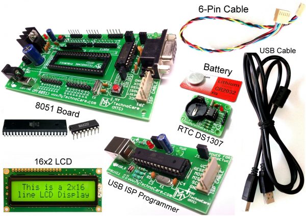 DS1307 with 8051 Development Board buy from india 8051 Project Board+Atmel USB asp ISP AVR Programmer Real Time Clock DS1307 RTC 16x2 LCD MyTechnoCare.com